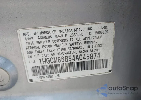 2004 Honda Accord Ex из США, поврежденный, VIN 1HGCM66854A045874